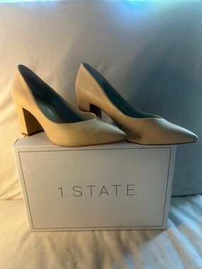 1. State Beige Pointed Toe Block Heel Pumps